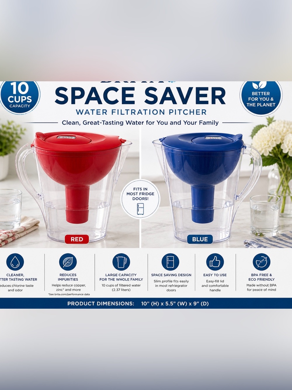 Water Filter Pitcher 10-Cup – Red or Blue
